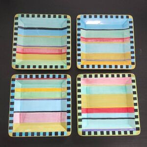 MoMo Panache Four Decorative Plates Colorful Striped Fun Square Dishes